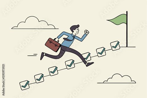 Project management, task tracking or work progress, tracking finish or completed tasks, planning or productivity concept, businessman project manager running on completed checkbox to reach goal.