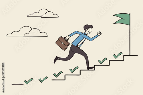 Project management, task tracking or work progress, tracking finish or completed tasks, planning or productivity concept, businessman project manager running on completed checkbox to reach goal.