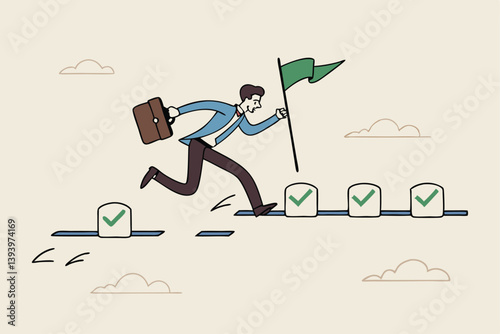 Project management, task tracking or work progress, tracking finish or completed tasks, planning or productivity concept, businessman project manager running on completed checkbox to reach goal.