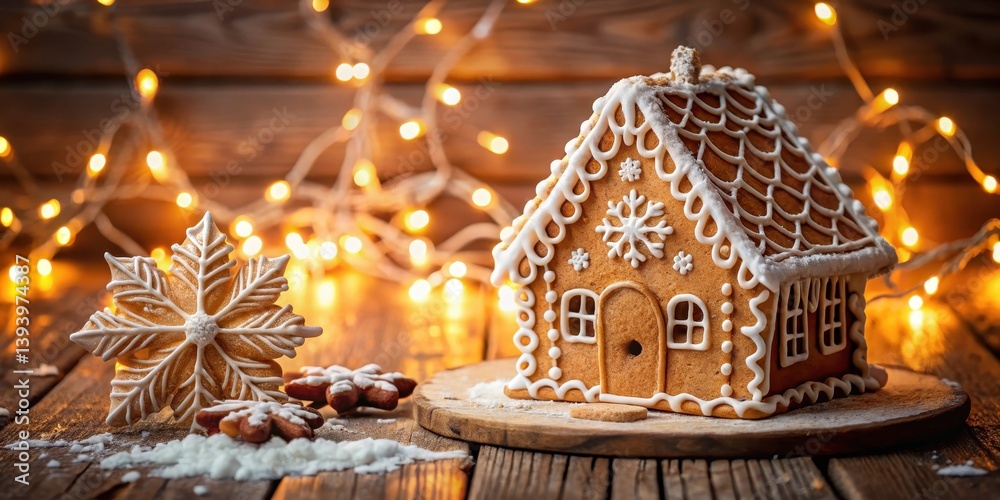 Gingerbread house with festive lights and snowflakes on a wooden table, edible art Gingerbread house with festive lights and snowflakes on a wooden table, edible art
