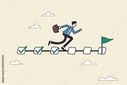 Project management, task tracking or work progress, tracking finish or completed tasks, planning or productivity concept, businessman project manager running on completed checkbox to reach goal.