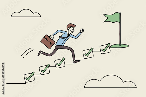 Project management, task tracking or work progress, tracking finish or completed tasks, planning or productivity concept, businessman project manager running on completed checkbox to reach goal.