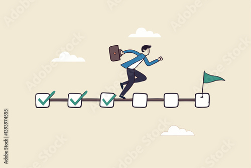 Project management, task tracking or work progress, tracking finish or completed tasks, planning or productivity concept, businessman project manager running on completed checkbox to reach goal.