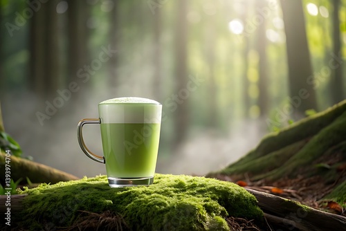  Glass mug of green matcha tea on a mossy surface, symbolizing nature and serenity. Health care, diet, health drink product promotion.