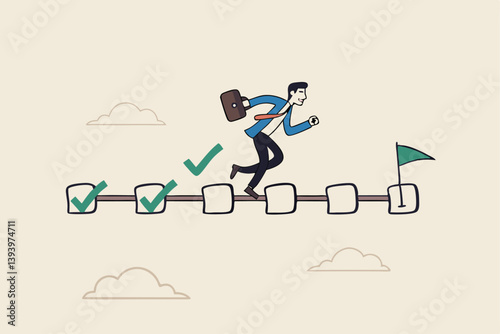 Project management, task tracking or work progress, tracking finish or completed tasks, planning or productivity concept, businessman project manager running on completed checkbox to reach goal.