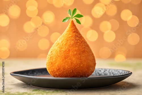 Golden-brown, teardrop-shaped fried snack, garnished with a green herb, symbolizing comfort and festivity.