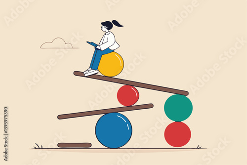 Work life balance, equality or weight between working for money and life happiness, health, success and healthy lifestyle concept, woman working with computer laptop while balance on equilibrium.