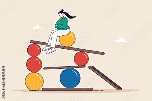 Work life balance, equality or weight between working for money and life happiness, health, success and healthy lifestyle concept, woman working with computer laptop while balance on equilibrium.