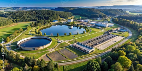 Aerial View of a Modern Wastewater Treatment Facility Integrated into a Picturesque Landscape Featuring Circular Clarifiers, Settling Ponds, and Lush Green Surroundings