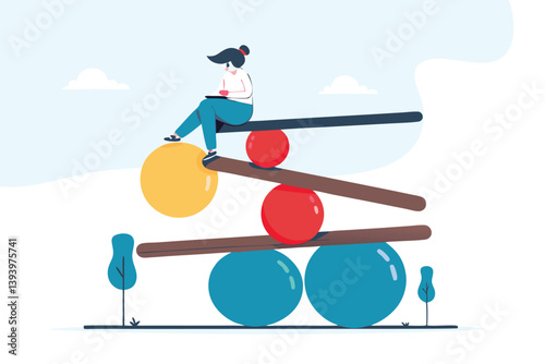 Work life balance, equality or weight between working for money and life happiness, health, success and healthy lifestyle concept, woman working with computer laptop while balance on equilibrium.
