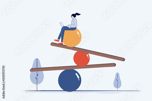 Work life balance, equality or weight between working for money and life happiness, health, success and healthy lifestyle concept, woman working with computer laptop while balance on equilibrium.