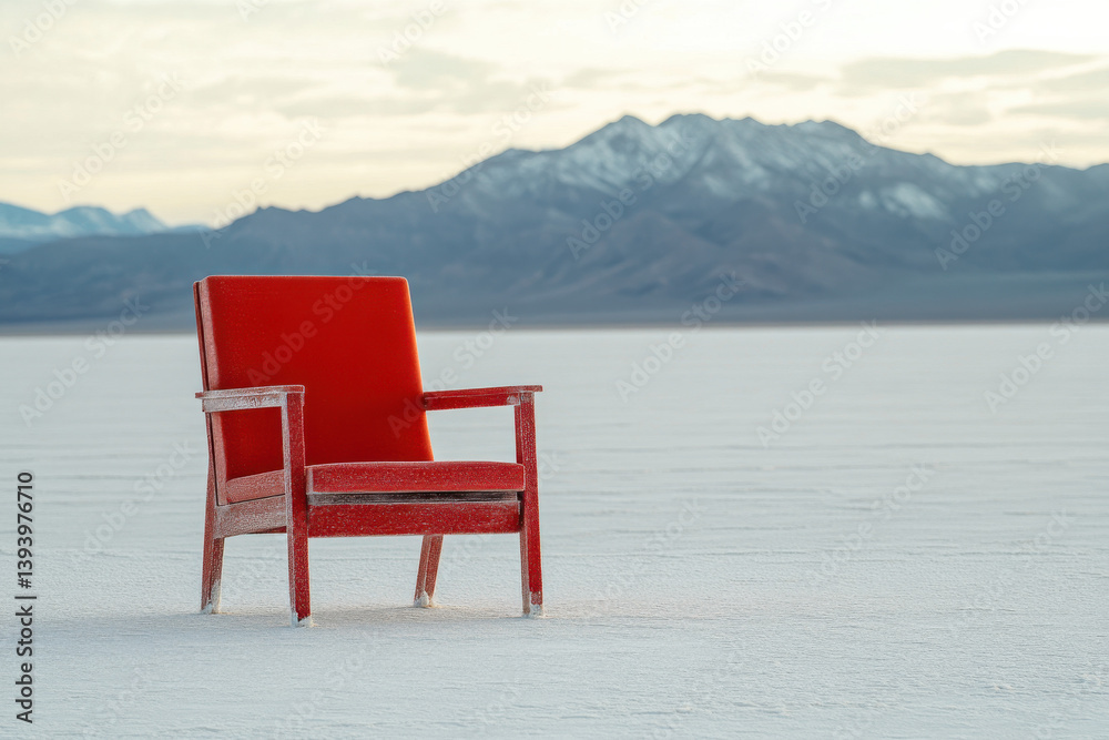 Fototapeta premium Red Chair on salt flats, facing the distance