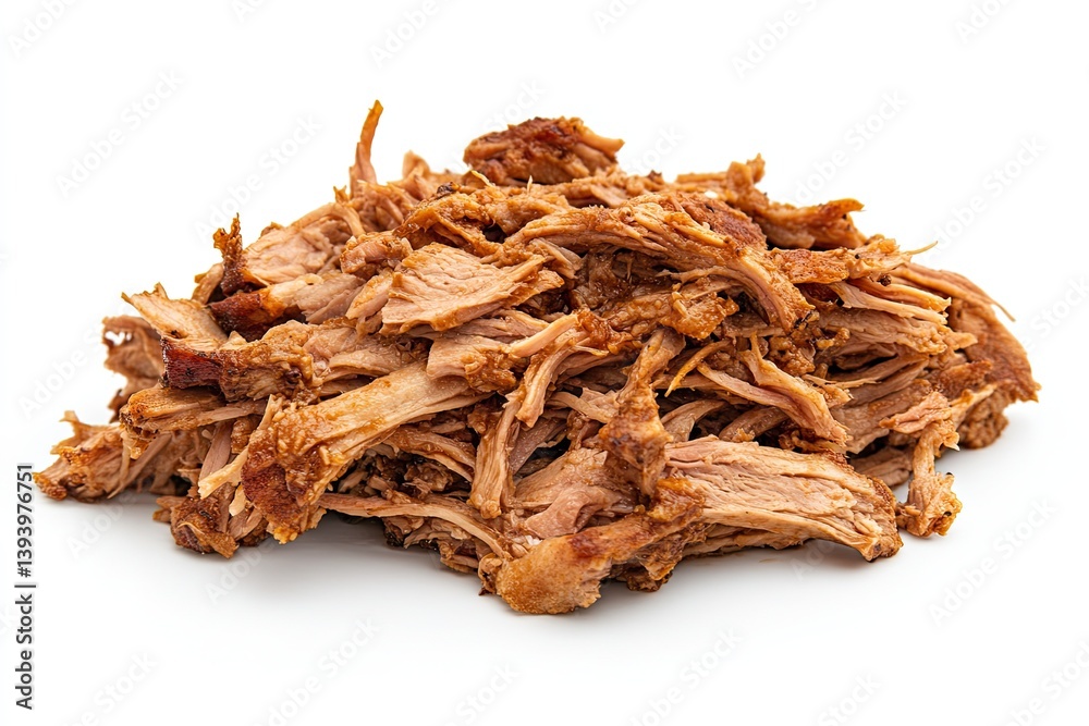 A realistic photo of Slow-Cooked Pulled Pork, hyper-realistic, isolated on white A realistic photo of Slow-Cooked Pulled Pork, hyper-realistic, isolated on white