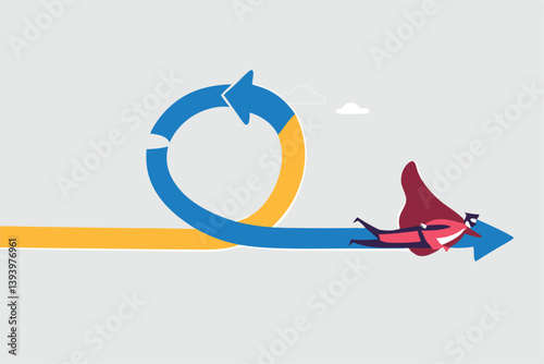 Agile methodology in project management or software development, sprint or dev cycle to release and improve product, scrum process or workflow concept, businessman superhero fly with agile cycle.
