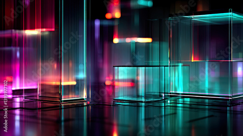 Layered Neon Echoes with Geometric Transparency and Digital Motion Blur in Minimalistic Futuristic Design
