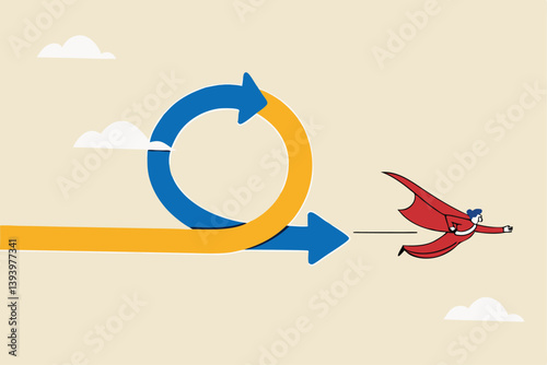 Agile methodology in project management or software development, sprint or dev cycle to release and improve product, scrum process or workflow concept, businessman superhero fly with agile cycle.