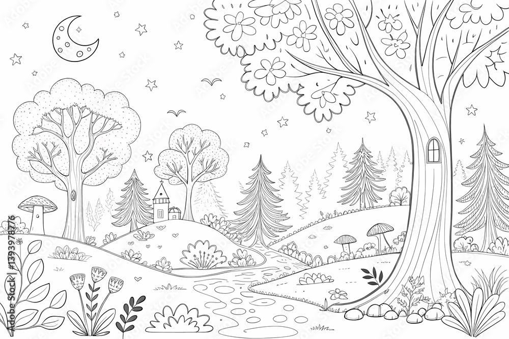 Obraz premium Forest landscape, coloring page