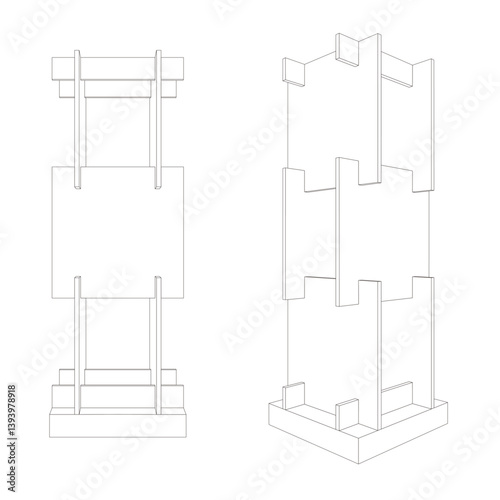 3d illustration standing display totem information knockdown portable movable simple construction with blank space logo company for event exhibition. Vector editable sketch outline drawing coloring.