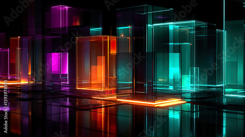 Layered Neon Echoes with Geometric Transparency and Digital Motion Blur in Minimalistic Futuristic Design
