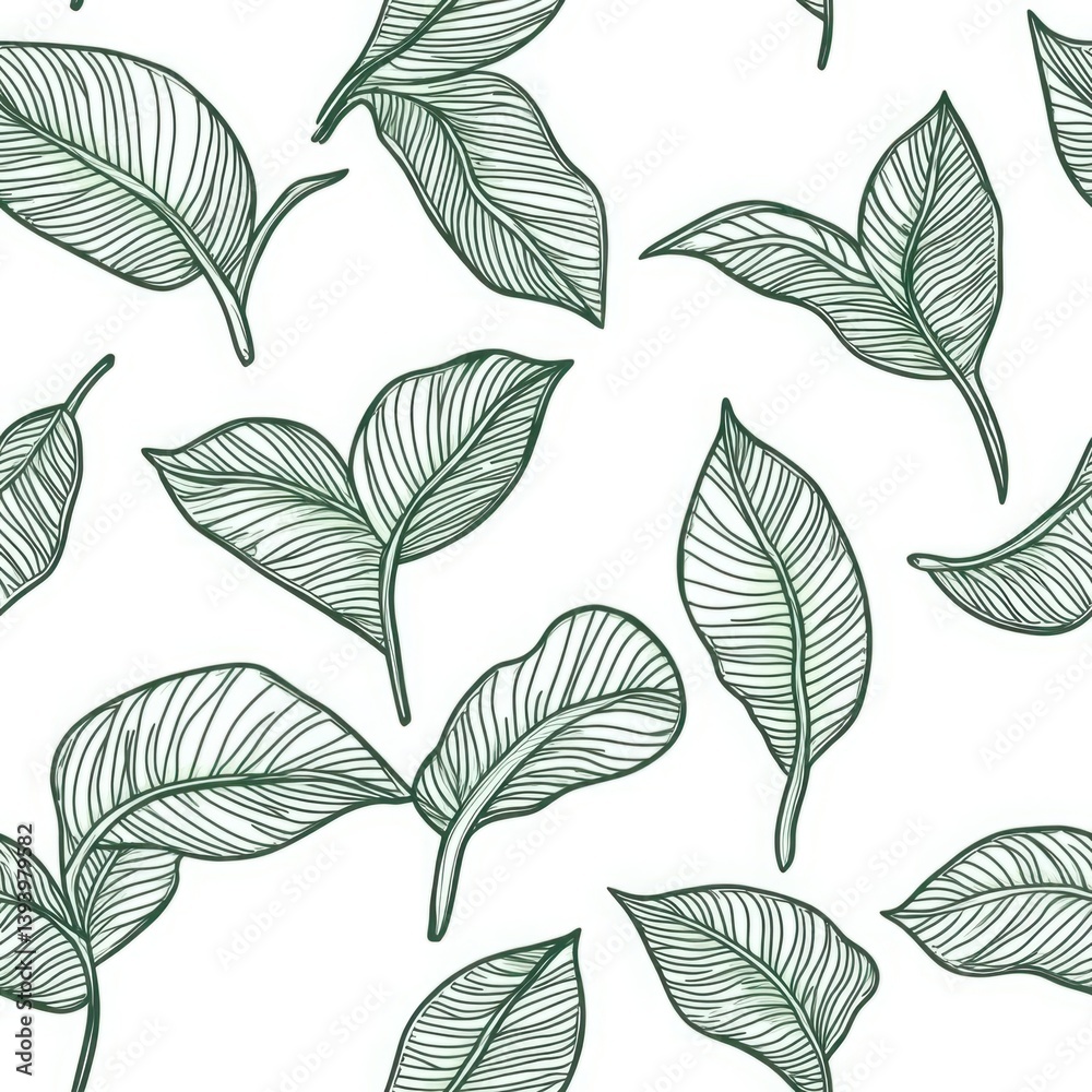 Obraz premium Elegant and Fresh Green Leaf Pattern on White Background for Nature Inspired Designs, Decorations, Textiles, Art, and Eco-Friendly Projects