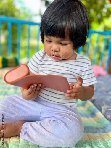 Cute Asian baby playing with glasses case in the garden.