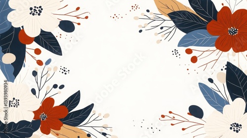 Floral Pattern with White and Red Flowers, Green Leaves, and Abstract Shapes on Beige Background for Decorative and Artistic Use