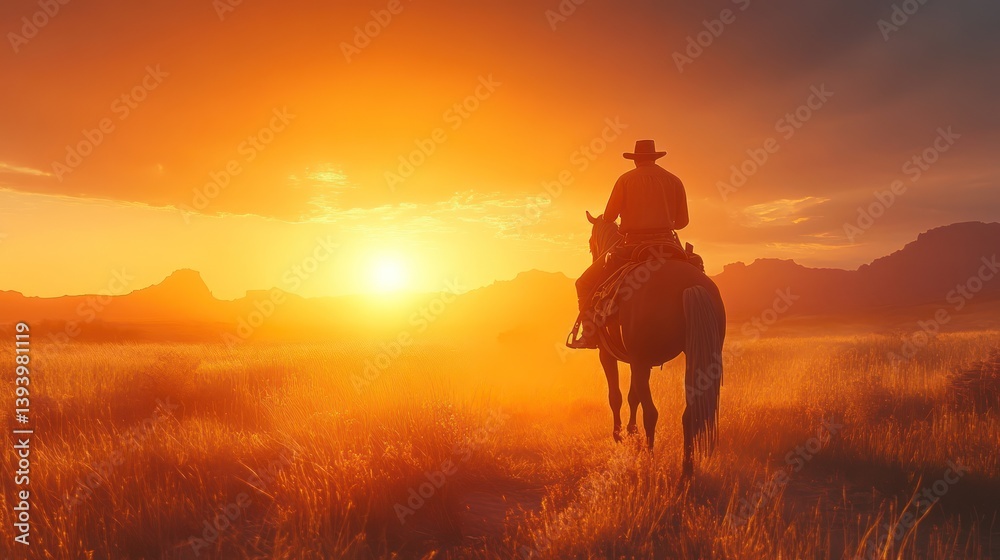 Fototapeta premium Cowboy horseback riding sunset prairie mountains western landscape