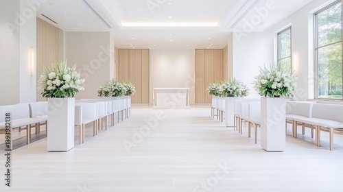 Elegant wedding chapel interior.  A pristine, modern chapel features rows of white chairs,  floral arrangements, and a simple altar.  Natural light floods the space