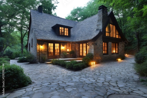 Charming stone house illuminating the forest at dusk