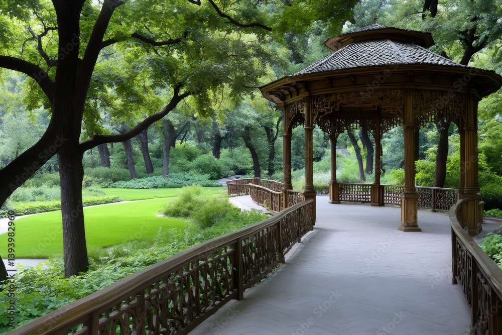 Wooden gazebo overlooking green lawn in peaceful park Wooden gazebo overlooking green lawn in peaceful park