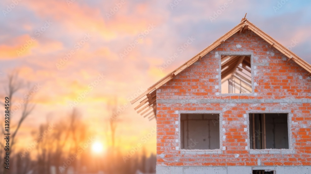 A brick house under construction stands prominently as the sun sets, casting a warm glow against the sky while framing the peaceful landscape A brick house under construction stands prominently as the sun sets, casting a warm glow against the sky while framing the peaceful landscape