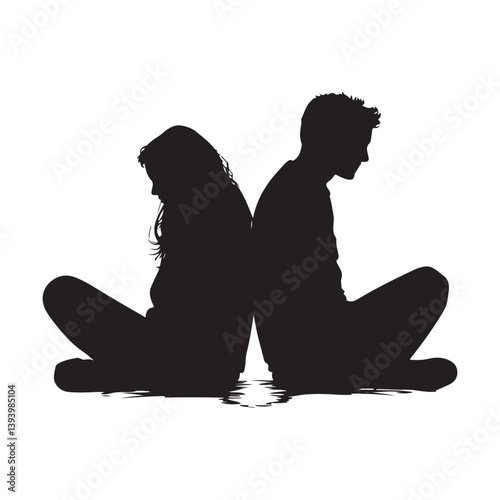 Silhouettes Sad Couple Sitting Back Back Image Vector On white background.
