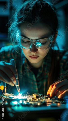 A close-up of an electrical engineer hands adjusting cables inside a control box
