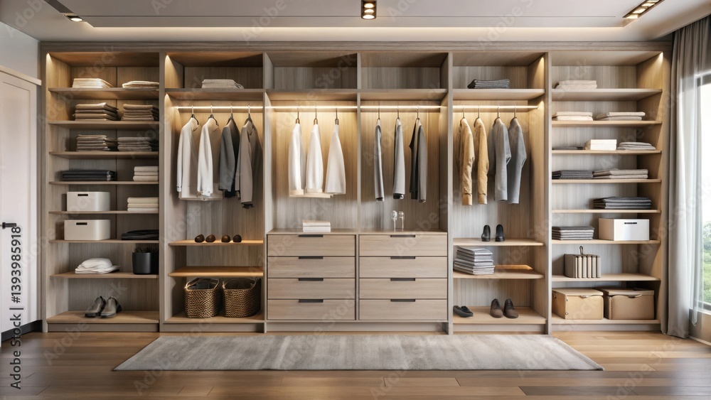 Modern Minimalist Walk-in Closet Design with Abundant Storage and Neutral Color Palette