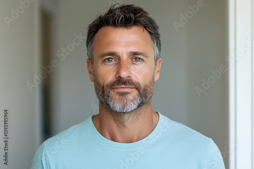 authentic portrait of 45 years old European handsome man in light blue t-shirt at home, family man