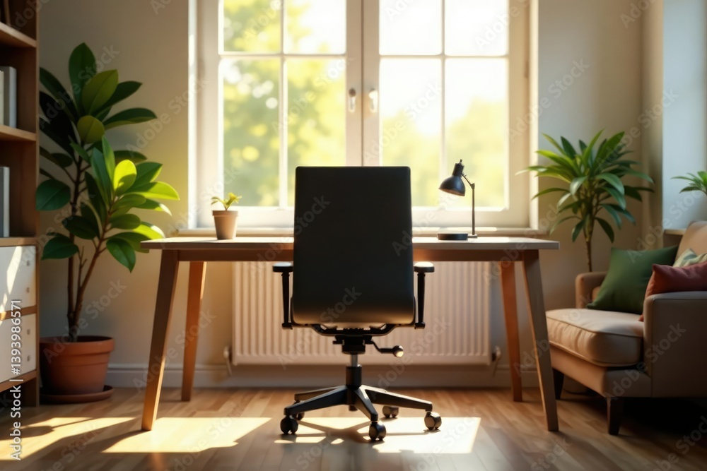 Fototapeta premium Empty chair at desk facing laptop, sunlit room, sunlit, isolated