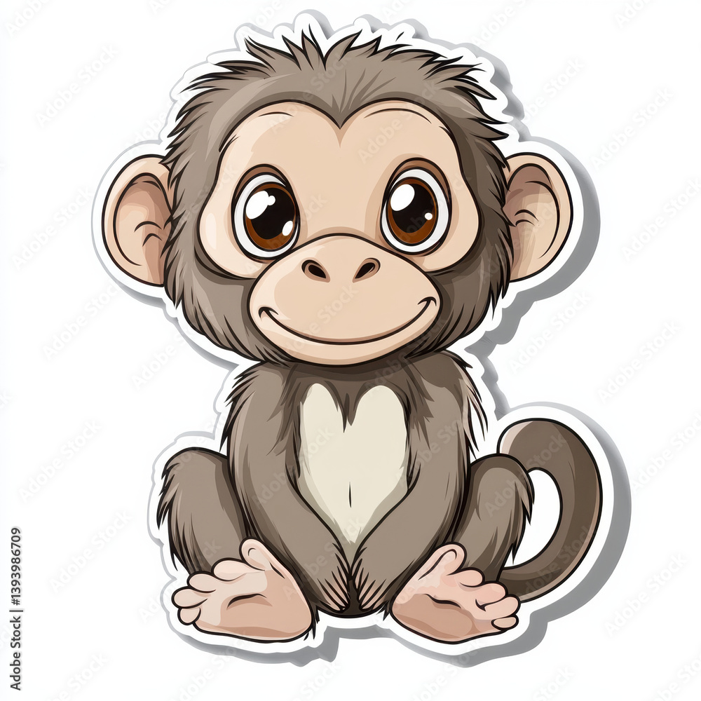Obraz premium Cute animal sticker featuring cheerful monkey with big eyes and friendly smile. This adorable design captures playful essence of monkey, making it perfect for various creative projects