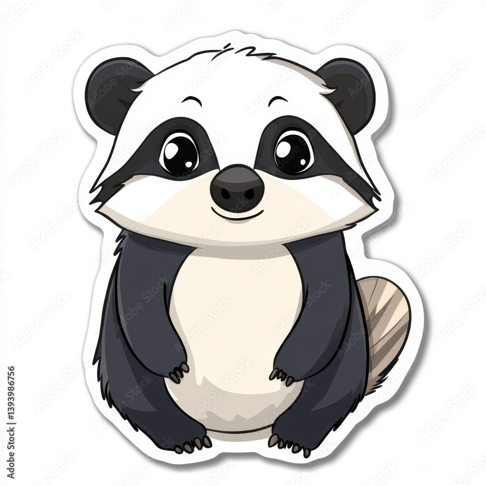 Obraz premium Cute animal sticker featuring cartoon panda with friendly expression. This adorable design showcases panda round body and distinctive black and white coloring, perfect for adding charm to any