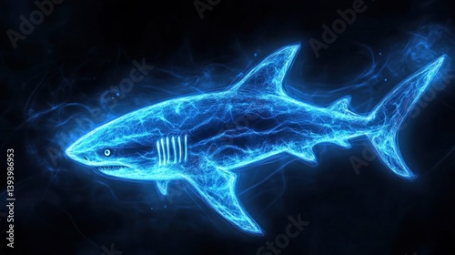 Electric blue shark swimming gracefully in a dark oceanic environment, a digital rendering