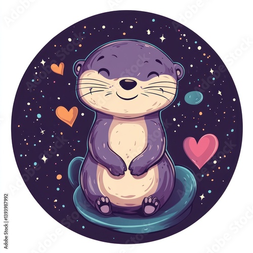 Cute otter in space, cartoon, circular design, hearts and stars photo