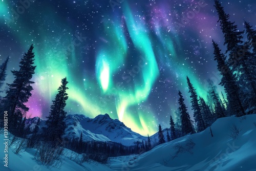 Northern Lights over Snowy Forest