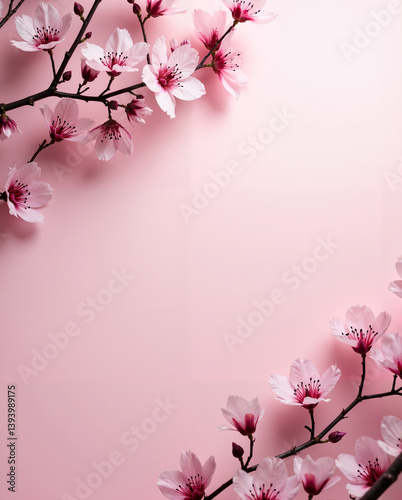 Feminine Cherry Blossom Frame in Soft Pink Tones with Center Copy Space for Romantic Design
