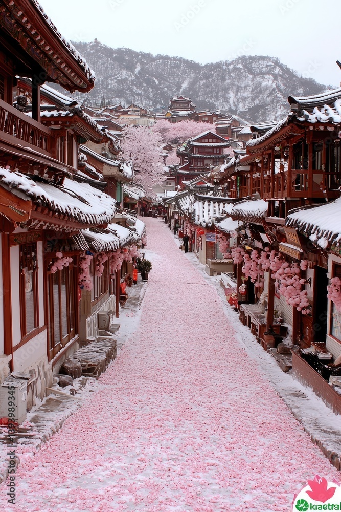 Obraz premium Street view of a traditional town in snow with falling blossoms, mountain range in background