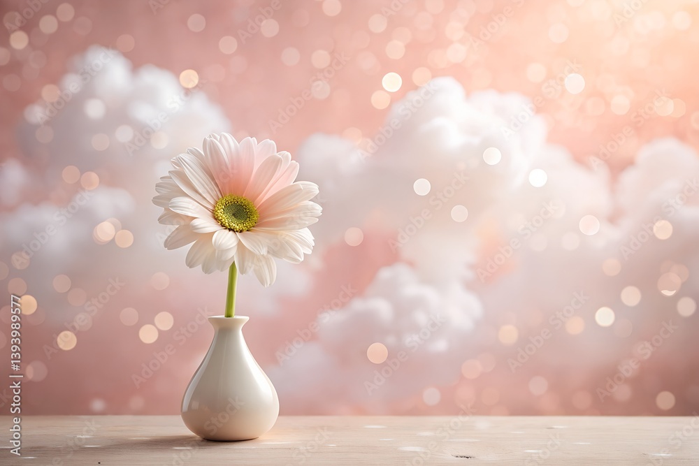 Whimsical Peach Vase with White Daisy on Pink Cloudy Backdrop