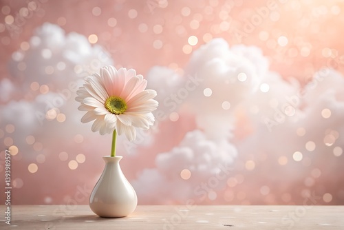 Obraz na płótnie Whimsical Peach Vase with White Daisy on Pink Cloudy Backdrop w salonie