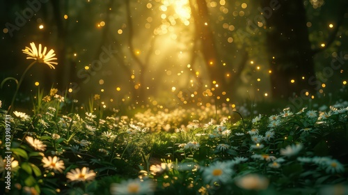 A serene forest scene illuminated by sunlight, filled with blooming flowers and sparkling particles.