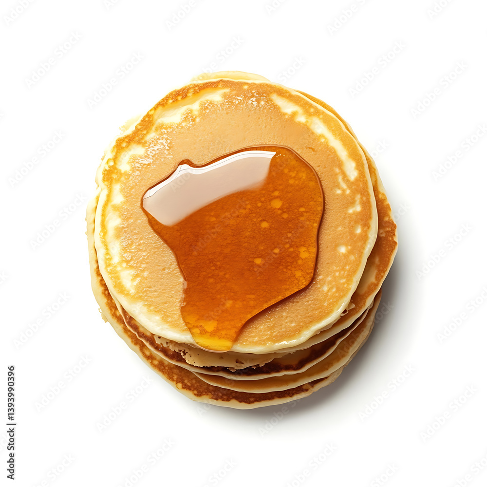 A fluffy pancake stack with a drizzle of maple syrup, isolated white background, modern art style