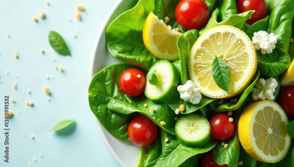 Overhead shot of vibrant green salad with lemon dressing, food, bright, clean eating Overhead shot of vibrant green salad with lemon dressing, food, bright, clean eating