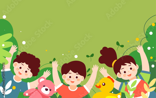children day children are lying playing lawn with toys plants background