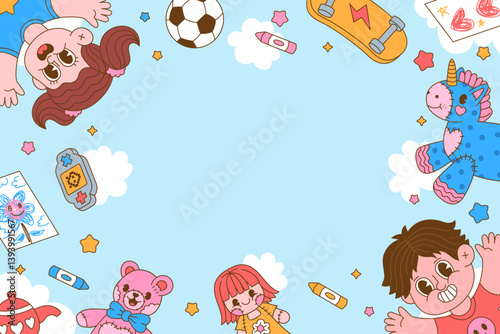 Colorful cartoon children's toys arranged in a circle within a decorative frame, showcasing various playful designs.